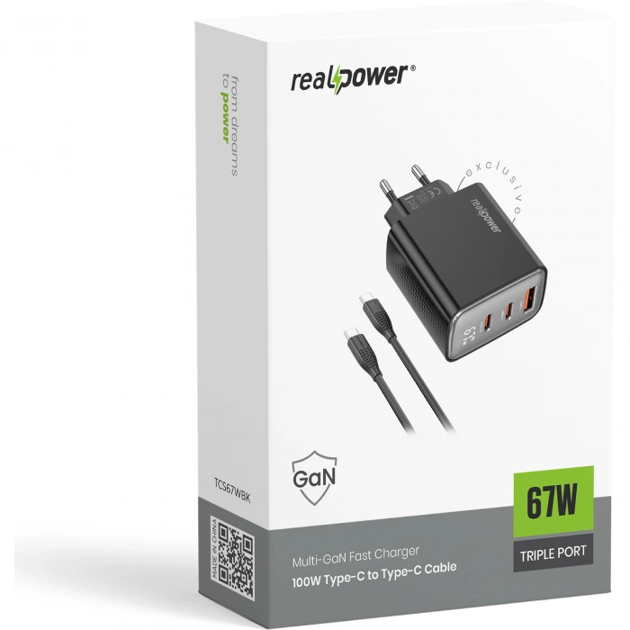 Realpower 67W GaN 3 Çıkışlı USB-C1/C2/A Dijital Göstergeli PD Hızlı Şarj Adaptörü Şarj Aleti ve 100W USB-C to USB-C Kablo Seti Siyah TCS67WBK