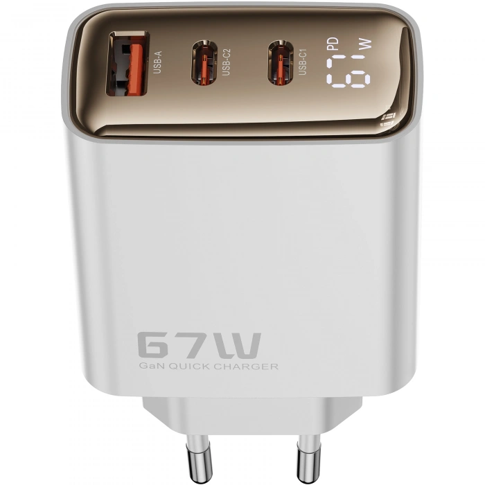 Realpower 67W GaN 3 Çıkışlı USB-C1/C2/A Dijital Göstergeli PD Hızlı Şarj Adaptörü Şarj Aleti ve 100W USB-C to USB-C Kablo Seti Beyaz TCS67WWH