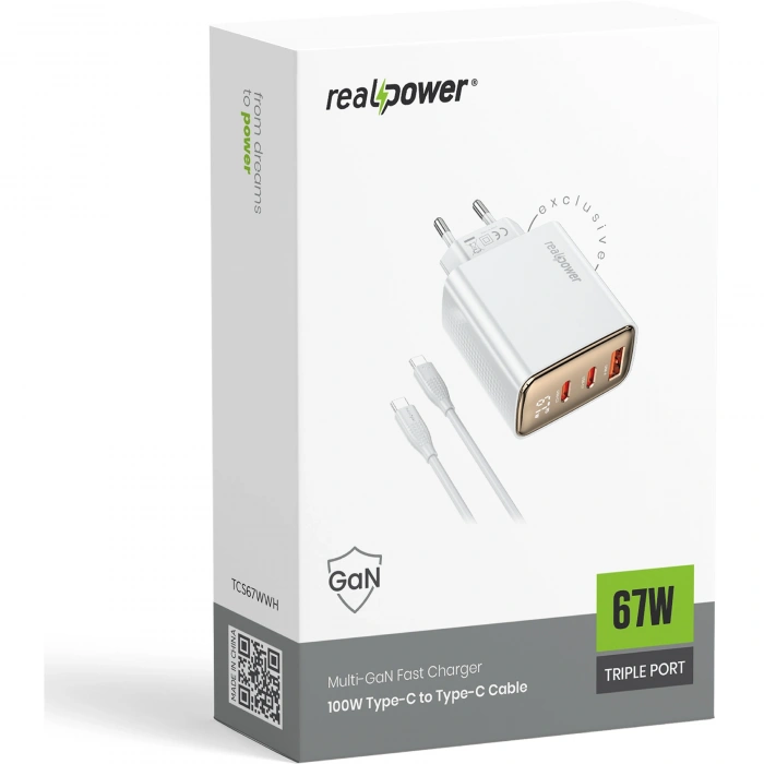 Realpower 67W GaN 3 Çıkışlı USB-C1/C2/A Dijital Göstergeli PD Hızlı Şarj Adaptörü Şarj Aleti ve 100W USB-C to USB-C Kablo Seti Beyaz TCS67WWH