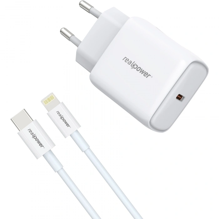 Realpower PPS 25W USB-C PD Hızlı Şarj Adaptörü Şarj Aleti ve USB-C to Lightning Hızlı Şarj Kablo Seti Beyaz TCS25WWH2