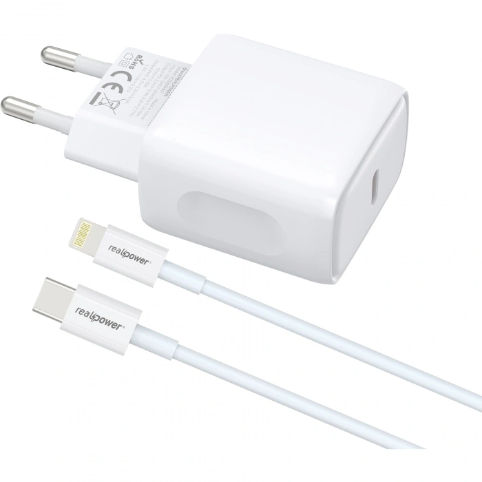 Realpower PPS 25W USB-C PD Hızlı Şarj Adaptörü Şarj Aleti ve USB-C to Lightning Hızlı Şarj Kablo Seti Beyaz TCS25WWH2