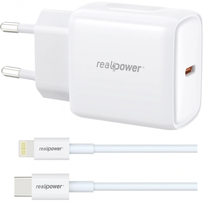 Realpower PPS 25W USB-C PD Hızlı Şarj Adaptörü Şarj Aleti ve USB-C to Lightning Hızlı Şarj Kablo Seti Beyaz TCS25WWH2