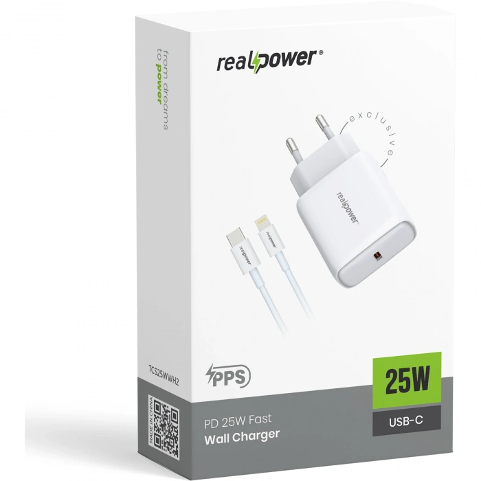 Realpower PPS 25W USB-C PD Hızlı Şarj Adaptörü Şarj Aleti ve USB-C to Lightning Hızlı Şarj Kablo Seti Beyaz TCS25WWH2