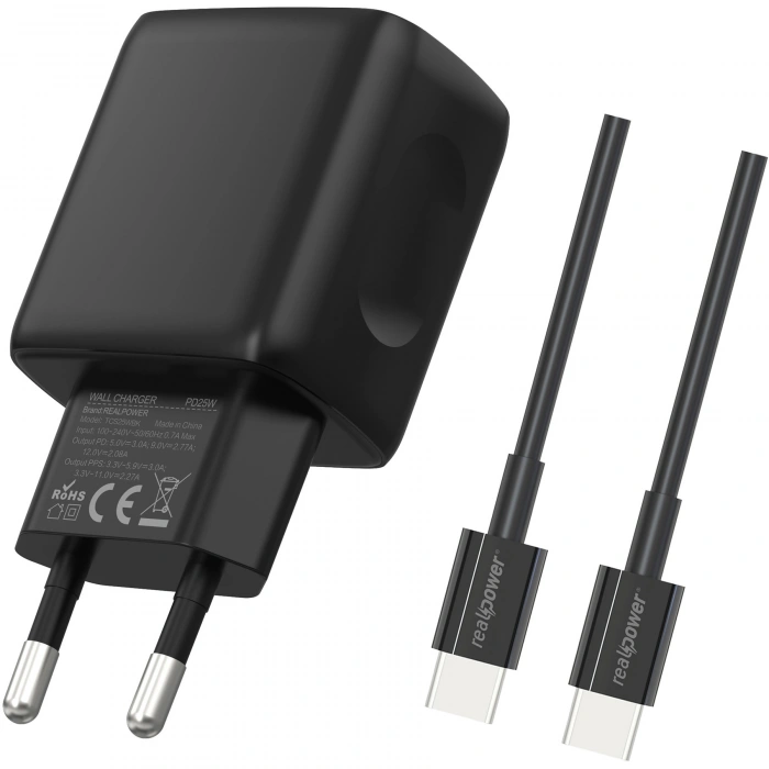 Realpower PPS 25W USB-C PD Hızlı Şarj Adaptörü Şarj Aleti ve USB-C to USB-C Hızlı Şarj Kablo Seti Siyah TCS25WBK