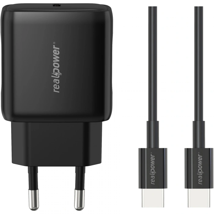 Realpower PPS 25W USB-C PD Hızlı Şarj Adaptörü Şarj Aleti ve USB-C to USB-C Hızlı Şarj Kablo Seti Siyah TCS25WBK