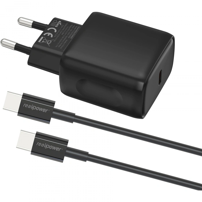 Realpower PPS 25W USB-C PD Hızlı Şarj Adaptörü Şarj Aleti ve USB-C to USB-C Hızlı Şarj Kablo Seti Siyah TCS25WBK