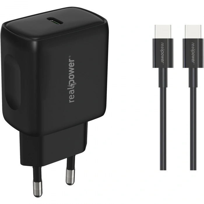 Realpower PPS 25W USB-C PD Hızlı Şarj Adaptörü Şarj Aleti ve USB-C to USB-C Hızlı Şarj Kablo Seti Siyah TCS25WBK