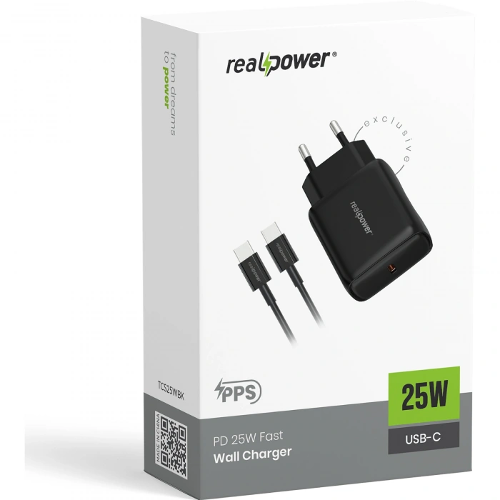 Realpower PPS 25W USB-C PD Hızlı Şarj Adaptörü Şarj Aleti ve USB-C to USB-C Hızlı Şarj Kablo Seti Siyah TCS25WBK