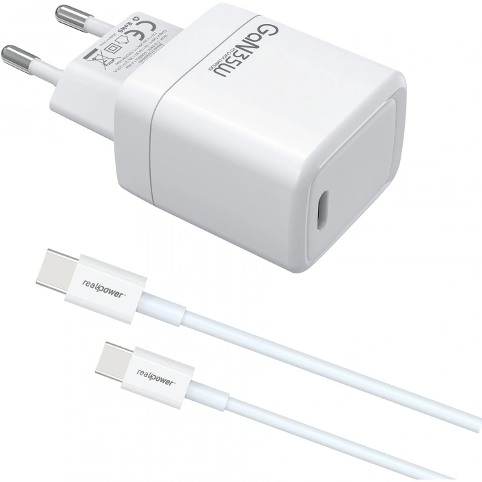 Realpower 35W GaN USB-C PD Hızlı Şarj Adaptörü Şarj Aleti ve USB-C to USB-C Hızlı Şarj Kablo Seti Beyaz TCS35WWH