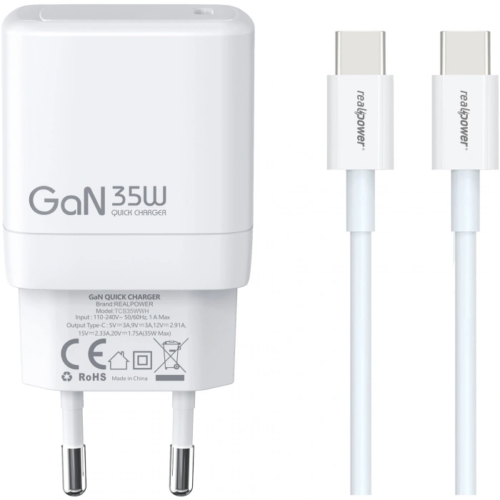 Realpower 35W GaN USB-C PD Hızlı Şarj Adaptörü Şarj Aleti ve USB-C to USB-C Hızlı Şarj Kablo Seti Beyaz TCS35WWH
