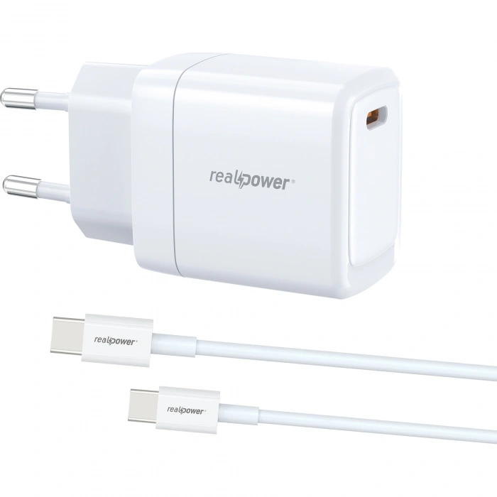 Realpower 35W GaN USB-C PD Hızlı Şarj Adaptörü Şarj Aleti ve USB-C to USB-C Hızlı Şarj Kablo Seti Beyaz TCS35WWH