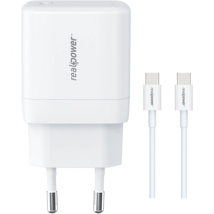 Realpower 35W GaN USB-C PD Hızlı Şarj Adaptörü Şarj Aleti ve USB-C to USB-C Hızlı Şarj Kablo Seti Beyaz TCS35WWH