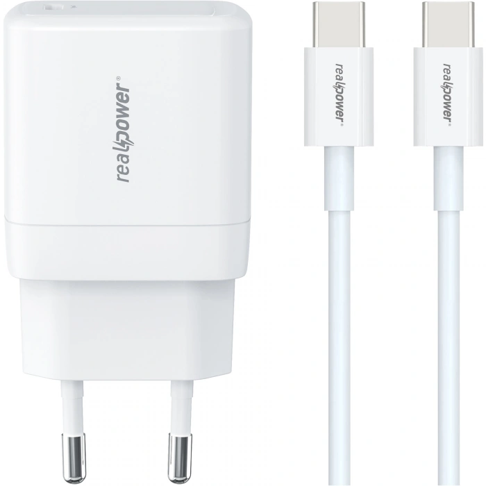 Realpower 35W GaN USB-C PD Hızlı Şarj Adaptörü Şarj Aleti ve USB-C to USB-C Hızlı Şarj Kablo Seti Beyaz TCS35WWH