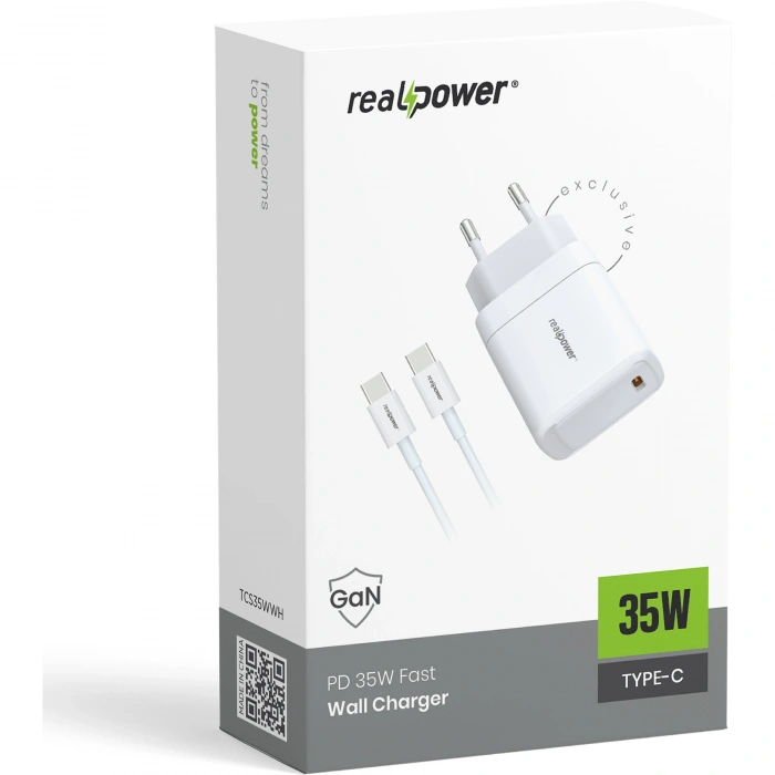 Realpower 35W GaN USB-C PD Hızlı Şarj Adaptörü Şarj Aleti ve USB-C to USB-C Hızlı Şarj Kablo Seti Beyaz TCS35WWH