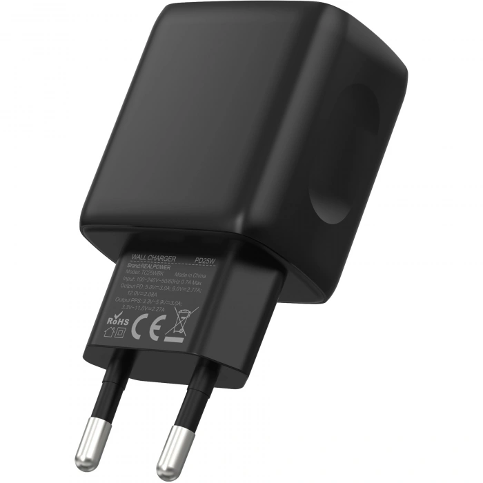 Realpower 25W PPS PD USB-C Hızlı Şarj Adaptörü Şarj Aleti Siyah TC25WBK