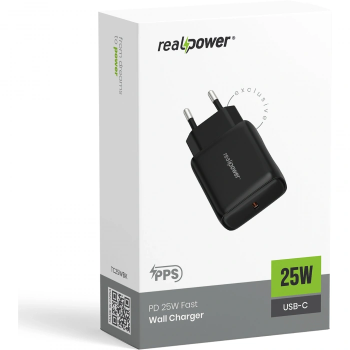 Realpower 25W PPS PD USB-C Hızlı Şarj Adaptörü Şarj Aleti Siyah TC25WBK