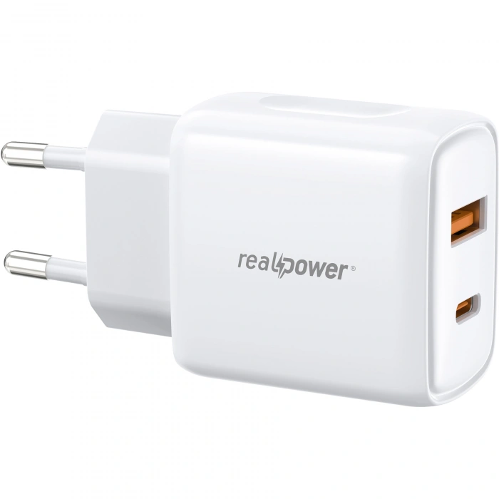 Realpower 25W PPS PD USB-C ve USB-A Çift Çıkışlı Hızlı Şarj Adaptörü Şarj Aleti Beyaz TC25WWH2