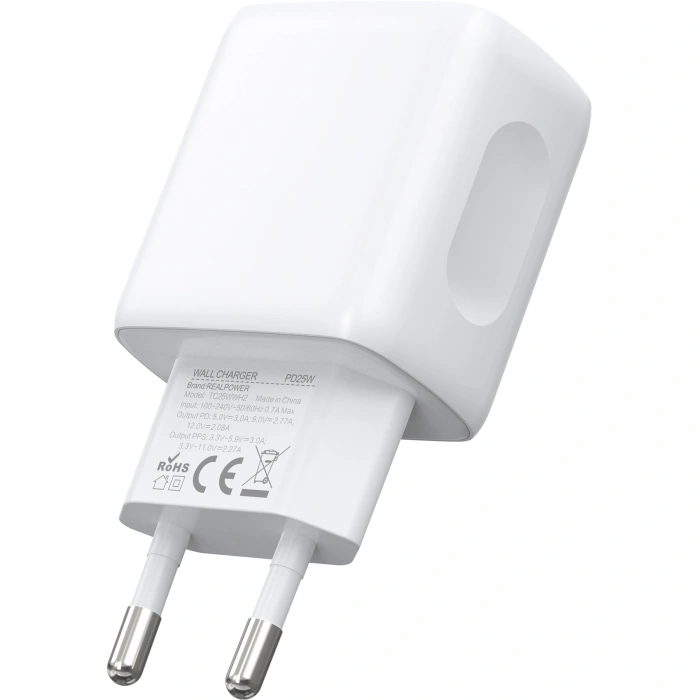 Realpower 25W PPS PD USB-C ve USB-A Çift Çıkışlı Hızlı Şarj Adaptörü Şarj Aleti Beyaz TC25WWH2