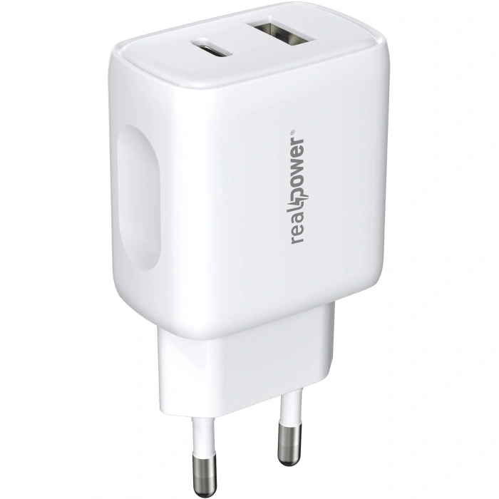 Realpower 25W PPS PD USB-C ve USB-A Çift Çıkışlı Hızlı Şarj Adaptörü Şarj Aleti Beyaz TC25WWH2