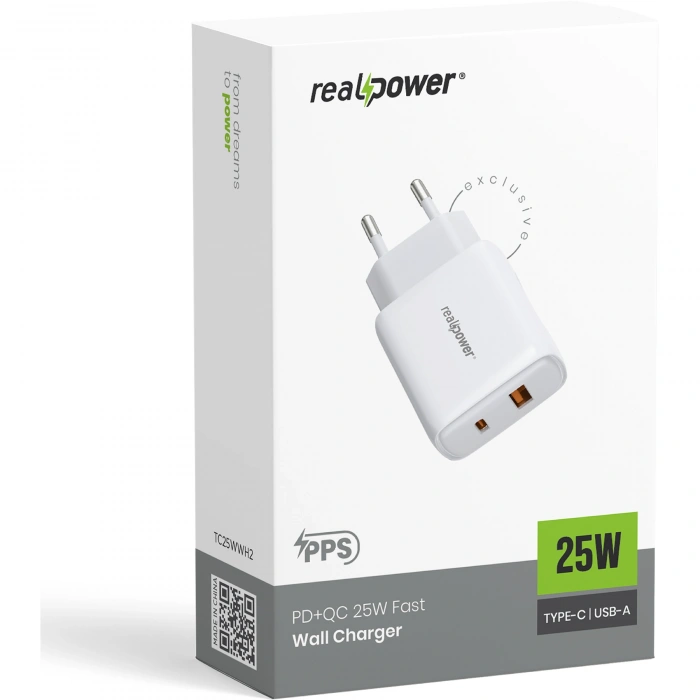 Realpower 25W PPS PD USB-C ve USB-A Çift Çıkışlı Hızlı Şarj Adaptörü Şarj Aleti Beyaz TC25WWH2
