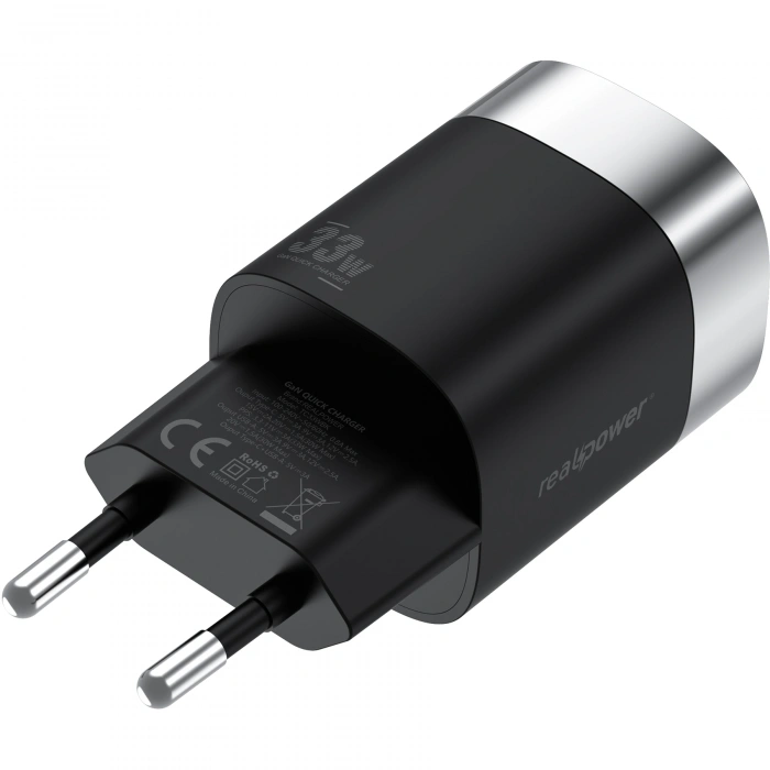 Realpower 33W GaN USB-C ve USB-A Çift Çıkışlı Dijital Göstergeli PD Hızlı Şarj Adaptörü Şarj Aleti Siyah TC33WBK