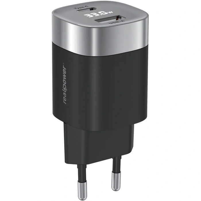 Realpower 33W GaN USB-C ve USB-A Çift Çıkışlı Dijital Göstergeli PD Hızlı Şarj Adaptörü Şarj Aleti Siyah TC33WBK