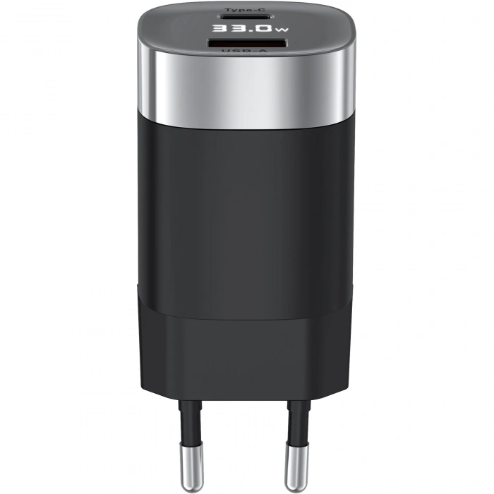 Realpower 33W GaN USB-C ve USB-A Çift Çıkışlı Dijital Göstergeli PD Hızlı Şarj Adaptörü Şarj Aleti Siyah TC33WBK