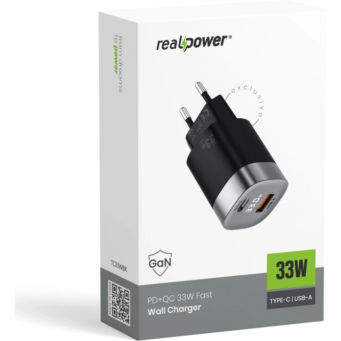 Realpower 33W GaN USB-C ve USB-A Çift Çıkışlı Dijital Göstergeli PD Hızlı Şarj Adaptörü Şarj Aleti Siyah TC33WBK