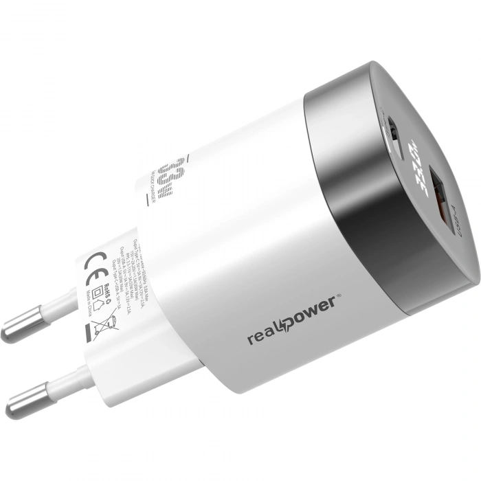 Realpower 33W GaN USB-C ve USB-A Çift Çıkışlı Dijital Göstergeli PD Hızlı Şarj Adaptörü Şarj Aleti Beyaz TC33WWH
