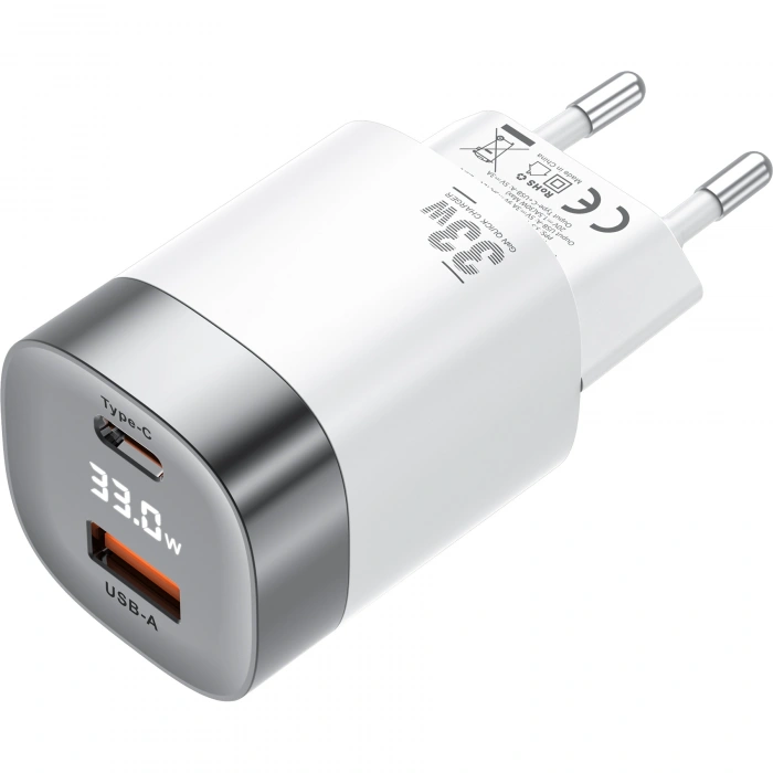 Realpower 33W GaN USB-C ve USB-A Çift Çıkışlı Dijital Göstergeli PD Hızlı Şarj Adaptörü Şarj Aleti Beyaz TC33WWH