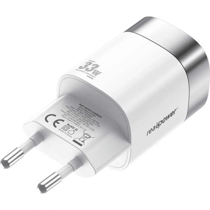 Realpower 33W GaN USB-C ve USB-A Çift Çıkışlı Dijital Göstergeli PD Hızlı Şarj Adaptörü Şarj Aleti Beyaz TC33WWH
