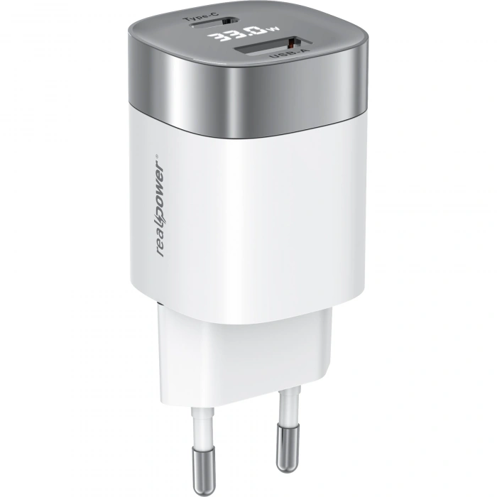 Realpower 33W GaN USB-C ve USB-A Çift Çıkışlı Dijital Göstergeli PD Hızlı Şarj Adaptörü Şarj Aleti Beyaz TC33WWH