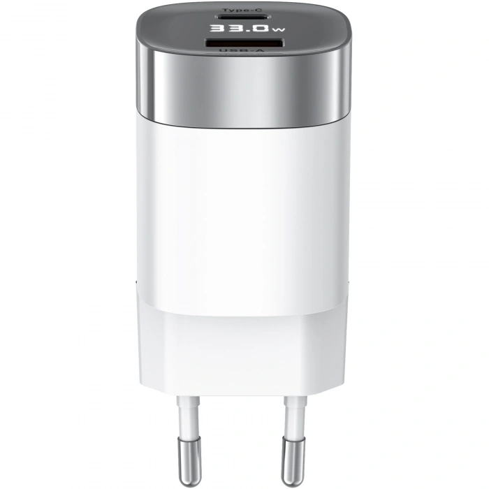 Realpower 33W GaN USB-C ve USB-A Çift Çıkışlı Dijital Göstergeli PD Hızlı Şarj Adaptörü Şarj Aleti Beyaz TC33WWH