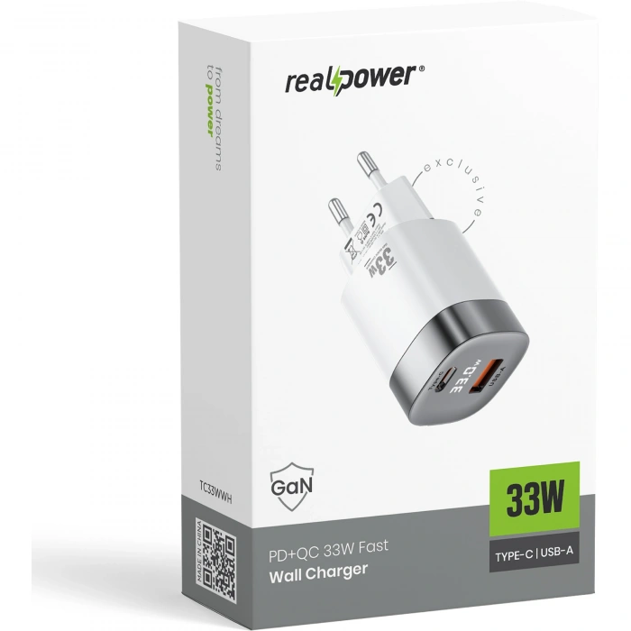 Realpower 33W GaN USB-C ve USB-A Çift Çıkışlı Dijital Göstergeli PD Hızlı Şarj Adaptörü Şarj Aleti Beyaz TC33WWH