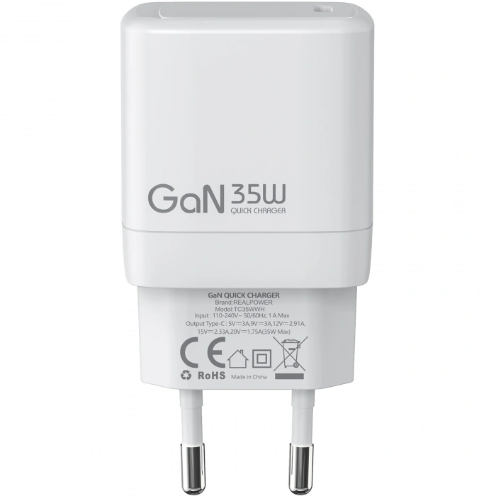 Realpower 35W GaN USB-C PD Hızlı Şarj Adaptörü Şarj Aleti Beyaz TC35WWH