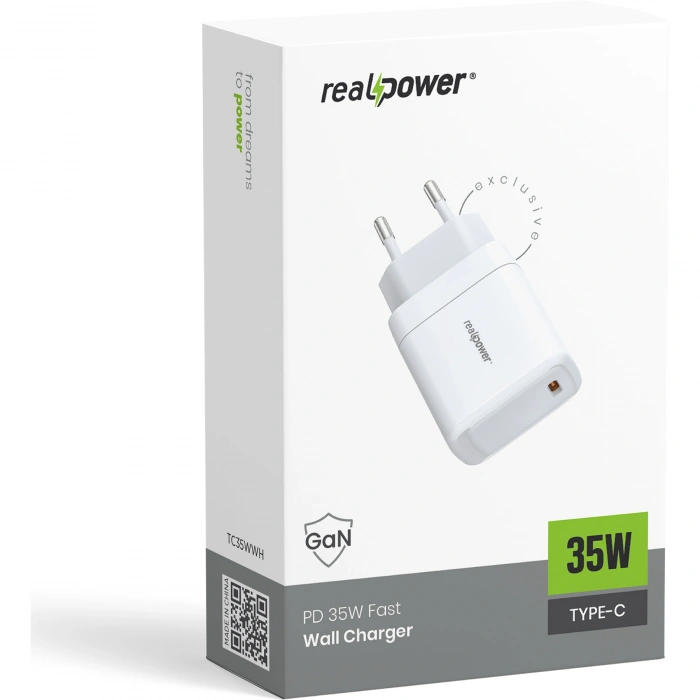 Realpower 35W GaN USB-C PD Hızlı Şarj Adaptörü Şarj Aleti Beyaz TC35WWH