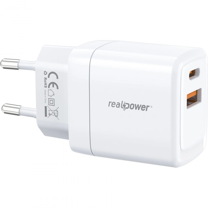 Realpower 35W GaN USB-C ve USB-A Çift Çıkışlı PD Hızlı Şarj Adaptörü Şarj Aleti Beyaz TC35WWH2
