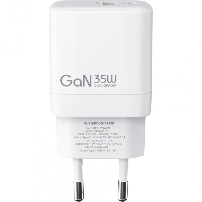 Realpower 35W GaN USB-C ve USB-A Çift Çıkışlı PD Hızlı Şarj Adaptörü Şarj Aleti Beyaz TC35WWH2