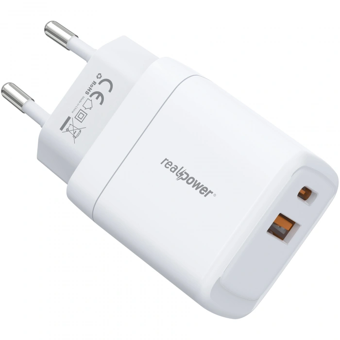 Realpower 35W GaN USB-C ve USB-A Çift Çıkışlı PD Hızlı Şarj Adaptörü Şarj Aleti Beyaz TC35WWH2