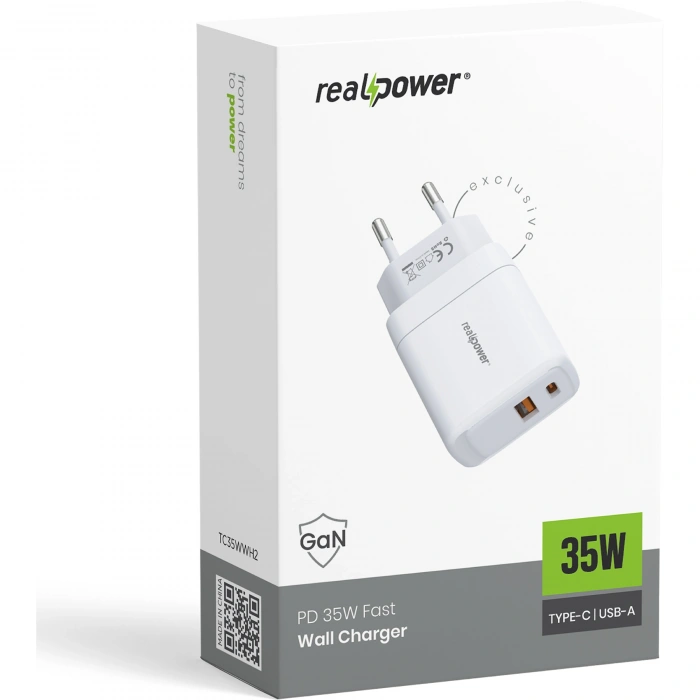 Realpower 35W GaN USB-C ve USB-A Çift Çıkışlı PD Hızlı Şarj Adaptörü Şarj Aleti Beyaz TC35WWH2