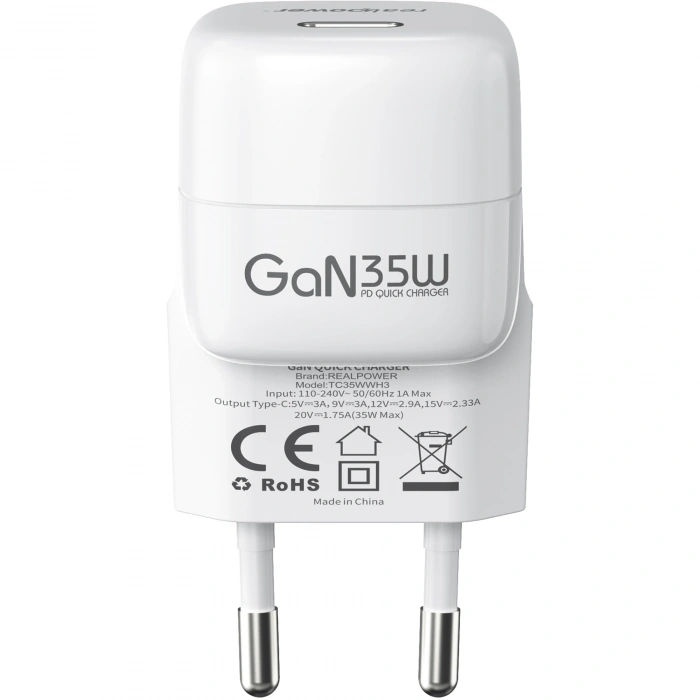 Realpower 35W GaN USB-C PD Hızlı Şarj Adaptörü Şarj Aleti Beyaz TC35WWH3