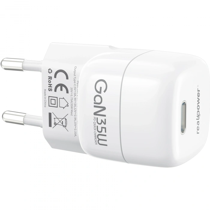 Realpower 35W GaN USB-C PD Hızlı Şarj Adaptörü Şarj Aleti Beyaz TC35WWH3