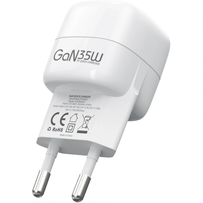 Realpower 35W GaN USB-C PD Hızlı Şarj Adaptörü Şarj Aleti Beyaz TC35WWH3