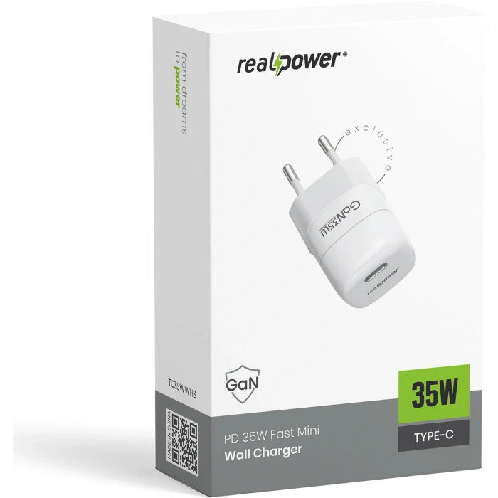 Realpower 35W GaN USB-C PD Hızlı Şarj Adaptörü Şarj Aleti Beyaz TC35WWH3