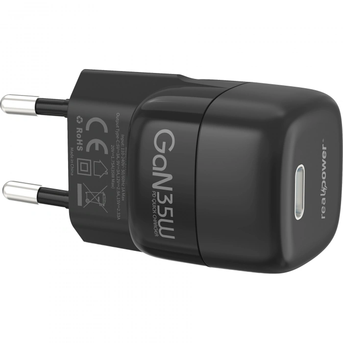 Realpower 35W GaN USB-C PD Hızlı Şarj Adaptörü Şarj Aleti Siyah TC35WBK