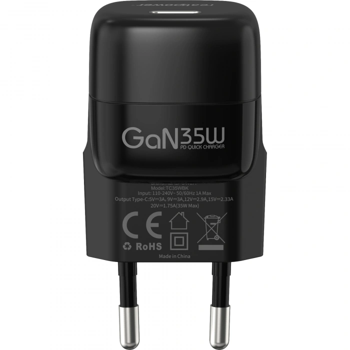 Realpower 35W GaN USB-C PD Hızlı Şarj Adaptörü Şarj Aleti Siyah TC35WBK