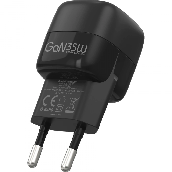 Realpower 35W GaN USB-C PD Hızlı Şarj Adaptörü Şarj Aleti Siyah TC35WBK