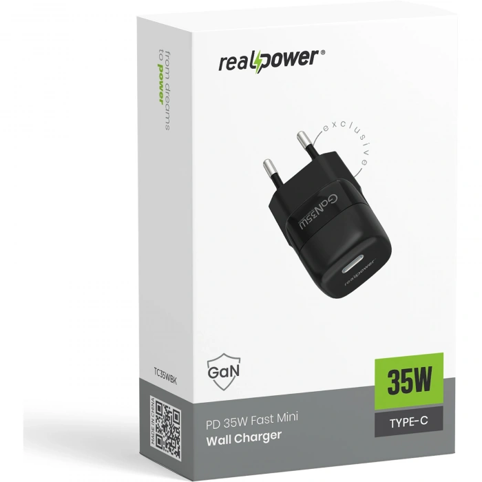 Realpower 35W GaN USB-C PD Hızlı Şarj Adaptörü Şarj Aleti Siyah TC35WBK