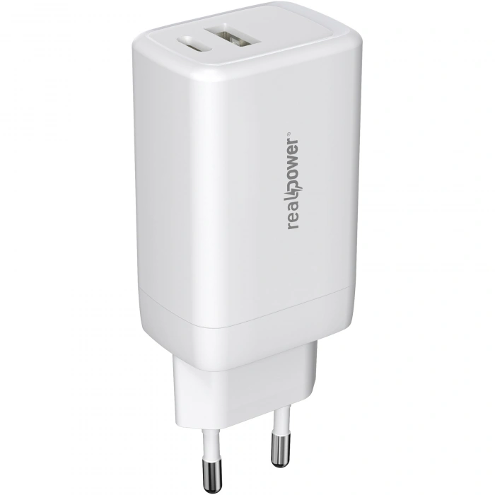 Realpower 65W GaN USB-C ve USB-A Çift Çıkışlı PD Hızlı Şarj Adaptörü Şarj Aleti Beyaz TC65WWH