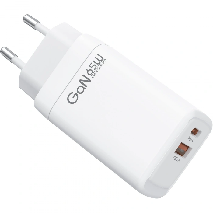 Realpower 65W GaN USB-C ve USB-A Çift Çıkışlı PD Hızlı Şarj Adaptörü Şarj Aleti Beyaz TC65WWH
